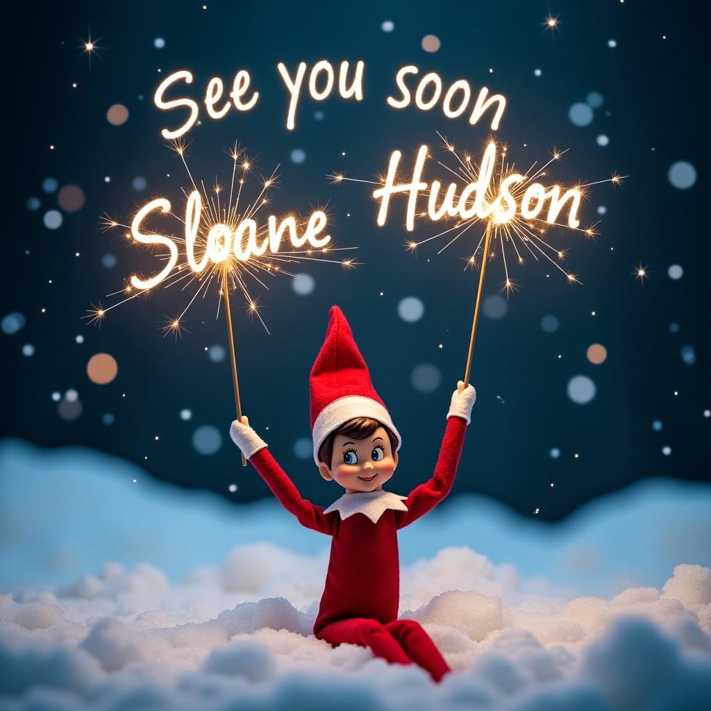 A charming Elf on the Shelf character is cheerfully posed in a snowy landscape at night. The elf is dressed in traditional red and white attire, seated amid fluffy white snow. In both hands, it holds sparklers that create shimmering light spells in the air. Above it, in a whimsical font, the message 'See you soon Sloane Hudson' glows beautifully against a dark blue sky filled with soft, glowing snowflakes. This enchanting scene captures the magic and joy of the holiday season, perfect for children's stories or festive decorations.