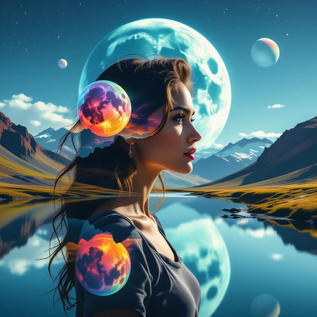 Beautiful woman in side profile. Colorful alien planet with huge moons. Reflections in the valley water. Surreal double exposure effect with cosmic elements.