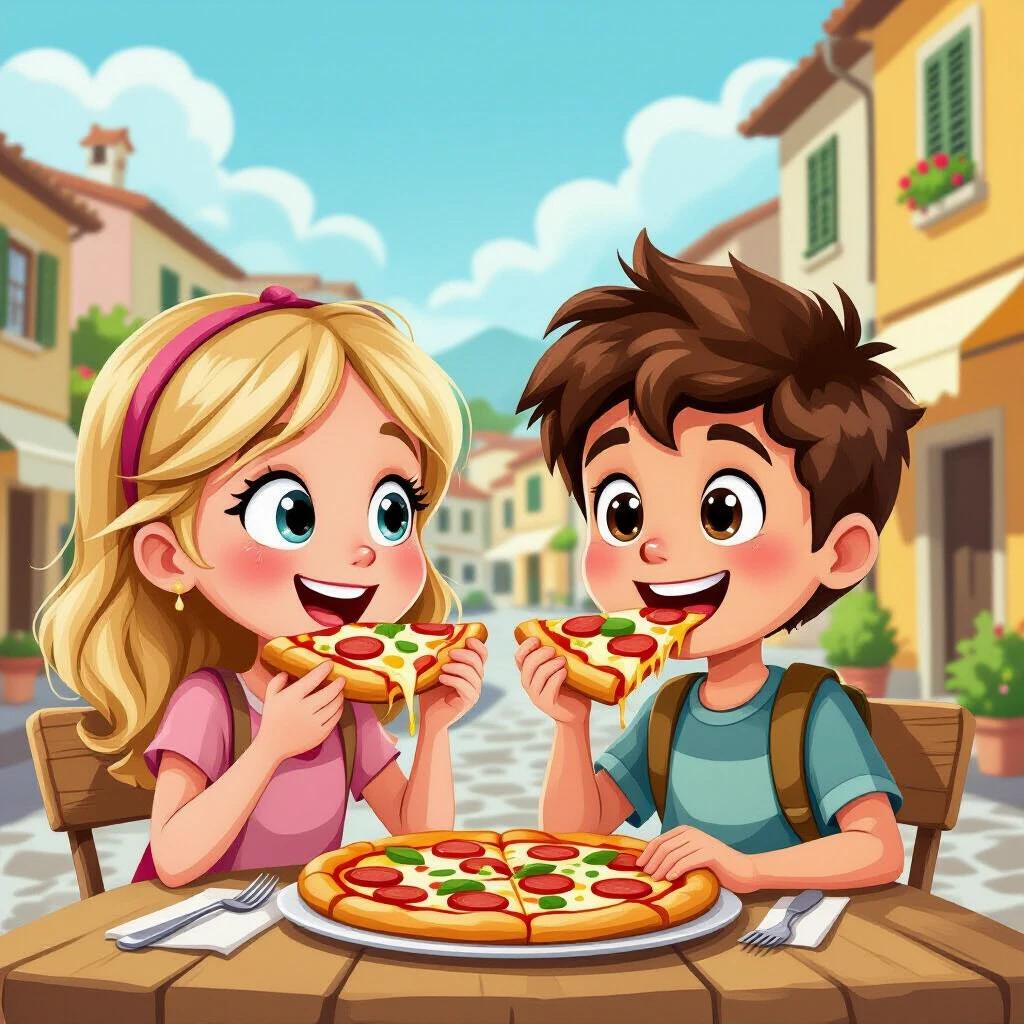 Illustration of two kids eating pizza in Italy. One boy and one girl. They are seated at a table. A large pizza is in front of them. Buildings and street are visible in the background. Bright and colorful atmosphere.