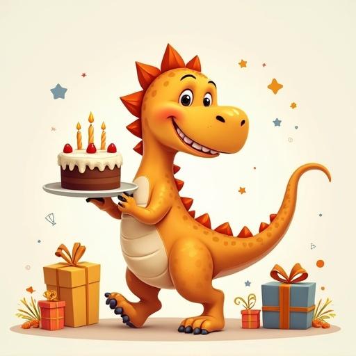 Cartoon dinosaur walks happily. Holds plate with cake and candles. Surrounded by gift boxes and birthday decorations.