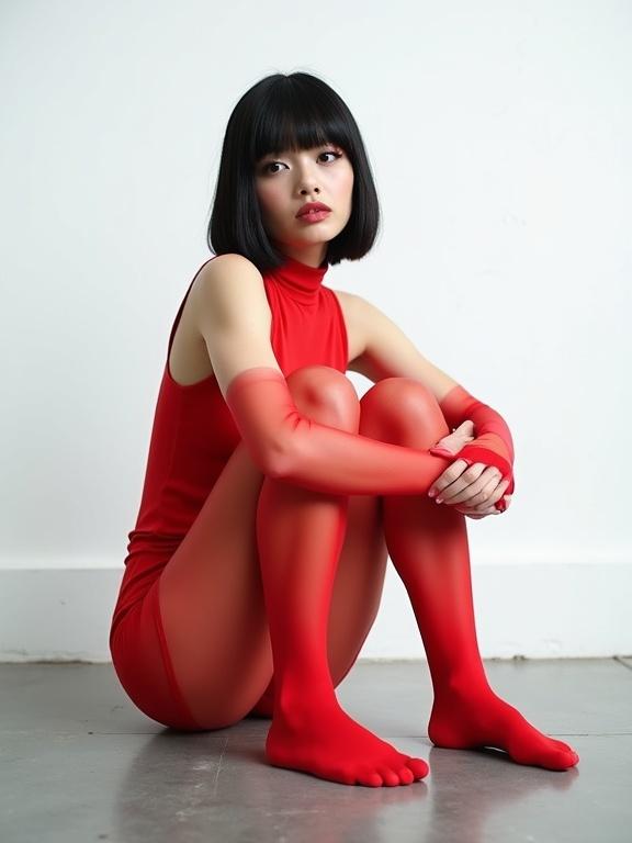 Photograph of a woman with fair skin and dark bob haircut seated on a polished concrete floor. She wears a sleeveless red top and semi-transparent red tights. Her expression is subtly melancholic as she gazes slightly off-camera. The background is a soft white, illuminated by diffused overhead lighting that emphasizes color contrast. The composition evokes quiet introspection and timelessness.
