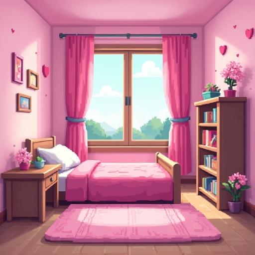 A cozy pink bedroom featuring a bed, desk, bookshelf, and windows with heart decorations on the walls. The interior scene is rendered in vibrant and pastel colors using 16-bit pixel art.