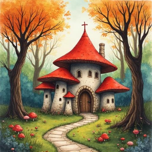 Illustration of a whimsical fairy village featuring a mushroom house. Set in an enchanted forest with vibrant autumn colors. Cleanly designed background with warm tones adding charm. Influenced by styles of Alex Maleev and others. Combines pencil sketch and watercolor techniques with intricate detailing.