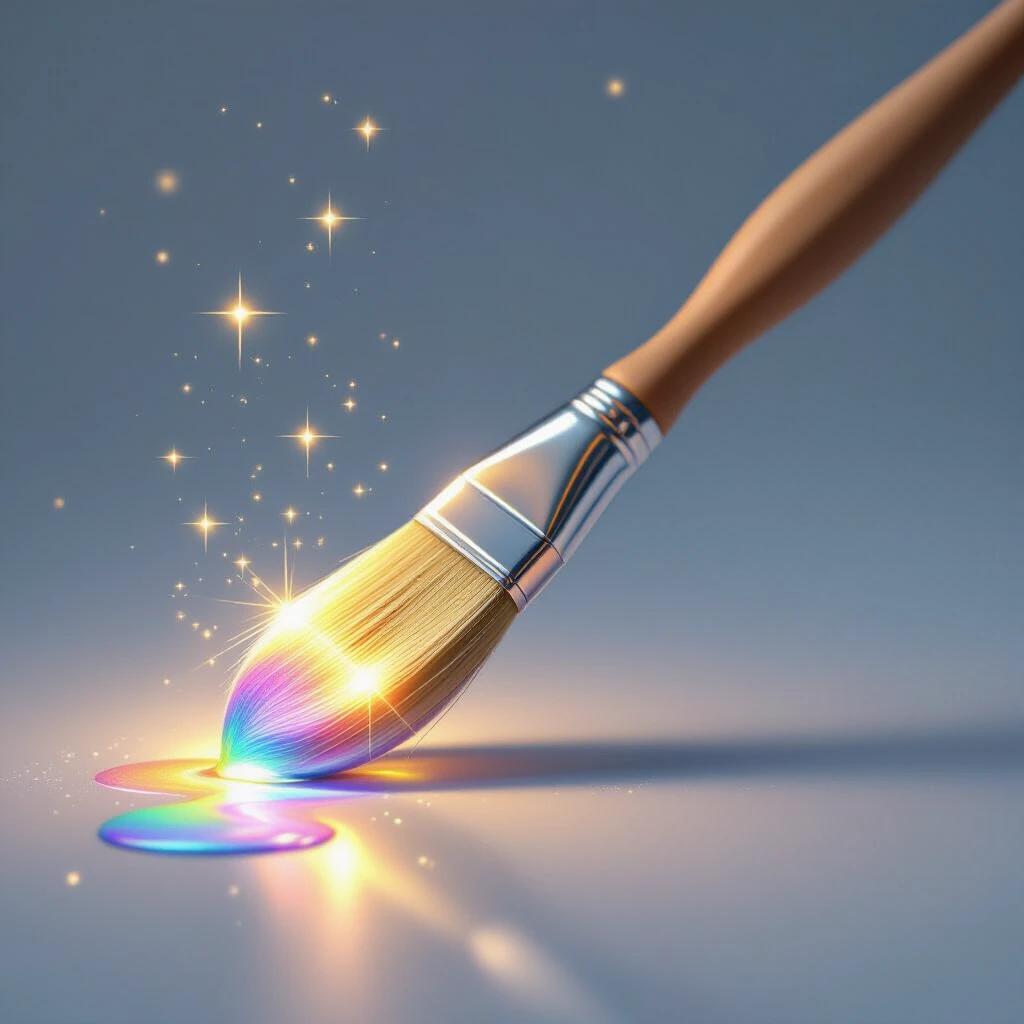 A magical artist's paintbrush held in a down-left position. The handle is wooden and simple. The tip emits soft golden light. A droplet of rainbow paint forms and starts to fall, leaving a sparkling trail. The background is light with subtle stars. The lighting is soft and fantasy-like.