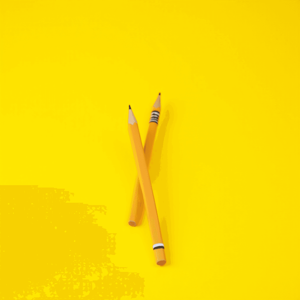 The image features two wooden pencils placed against a vibrant yellow background. The pencils are bright yellow and crossed over each other, forming an X shape. The tips of the pencils are sharp and prominently in focus, contrasting with the blurred yellow backdrop. Both pencils have traditional black erasers with silver ferrules, emphasizing the classic design.