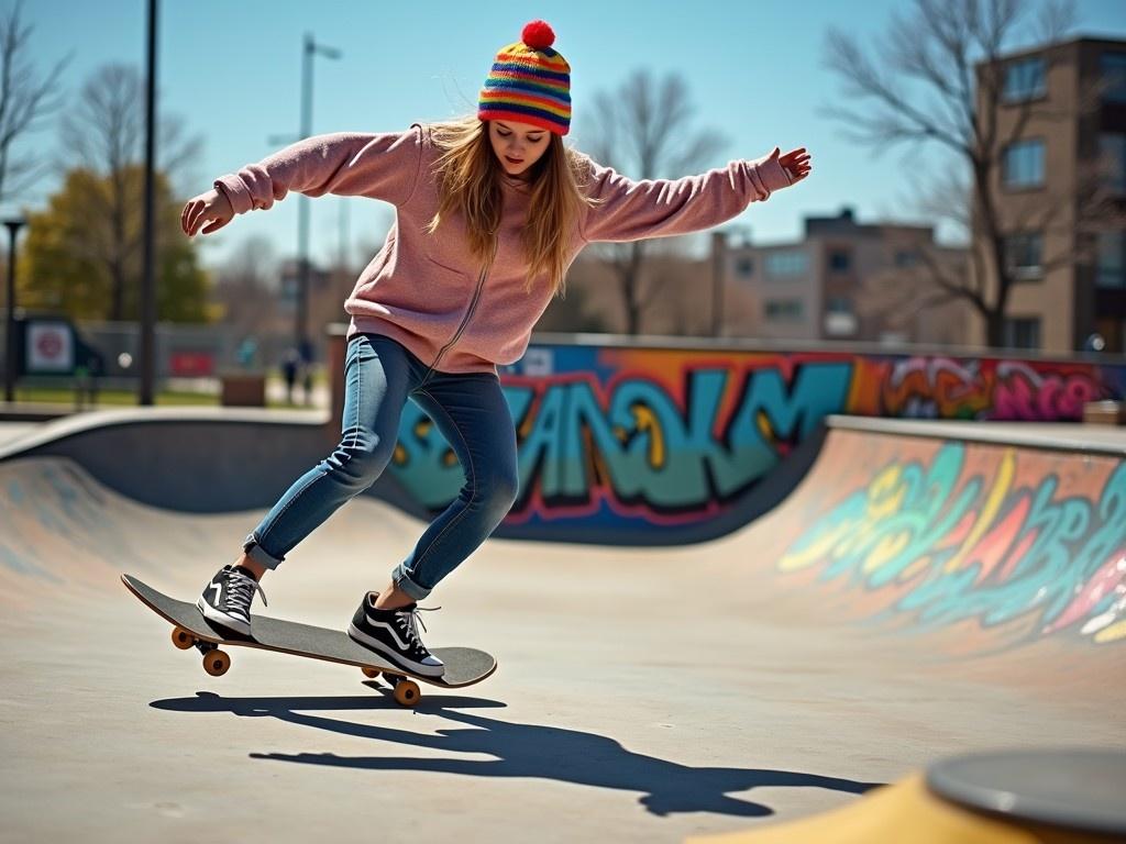 The image depicts a young girl skating in a skate park. She is wearing a colorful beanie and a casual outfit, exhibiting skill on her skateboard. The background features vibrant graffiti that adds flair to the scene. The lighting is bright, emphasizing the clear blue sky. This moment captures the essence of youth and the thrill of skateboarding, showcasing a lively, active environment.