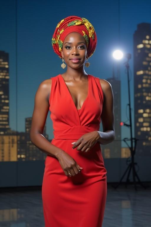 A lady in traditional Hausa attire stands in a television news studio, presenting news. She wears a vibrant red dress with elegant accessories and a colorful head wrap. Background features a modern cityscape with studio lighting.