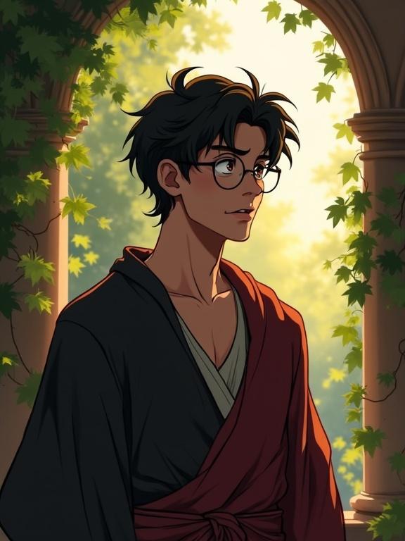 A young man stands outdoors in robes. He wears round glasses and looks worried yet pensive. Vines surround him and the lighting is dynamic. The style resembles Jen Zee and the game HADES.