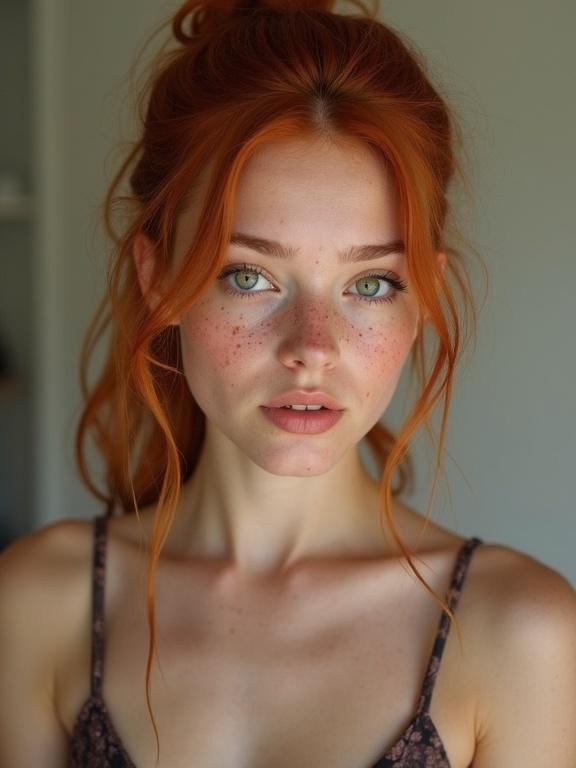 Portrait of a young woman with copper hair in a high ponytail. Freckles and big hazel-green eyes. Soft lighting and natural background. Attentive expression.