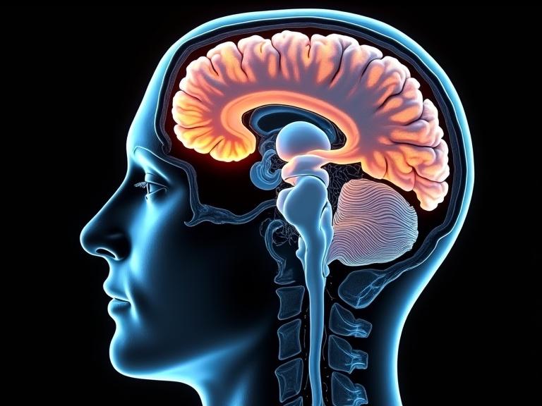 fMRI scan demonstrating brain activity regions with highlighted areas.