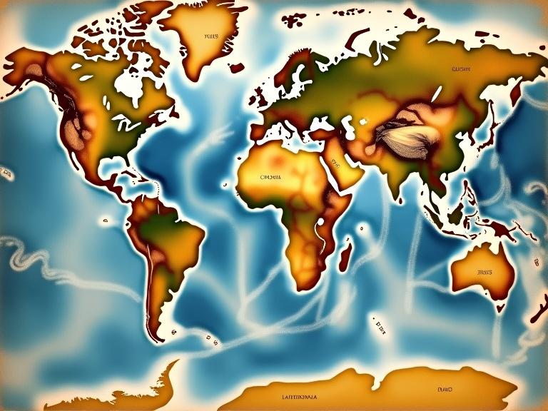Paleogeographic map of the Earth during the Cretaceous period. Shows continental positions with shallow seas. Highlights emerging landmasses and detailed topography. Includes labels for ancient oceans and landmasses. Depicts Earth tones on aged parchment texture. Illustrative scientific style in top-down view with 16:9 aspect ratio.