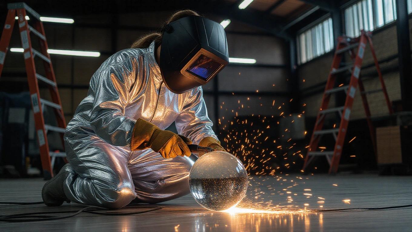 Photo shows woman in reflective silver suit welding a crystal ball to the floor. Bright orange sparks fly in an industrial setting with ladders in background. Dramatic lighting creates high contrast effect. Low side angle focuses on action.