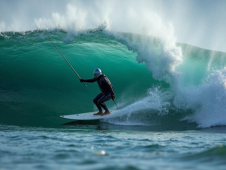 Medieval knight surfing in the ocean riding giant barrel waves.