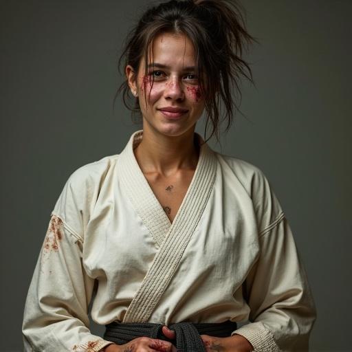 Realistic athletic woman with an asymmetrical hairstyle wearing a worn-out karate gi. She has dirt smudges and untidy hair. Heavy bruises on her face. Appears exhausted but smiling with hands on her belt.
