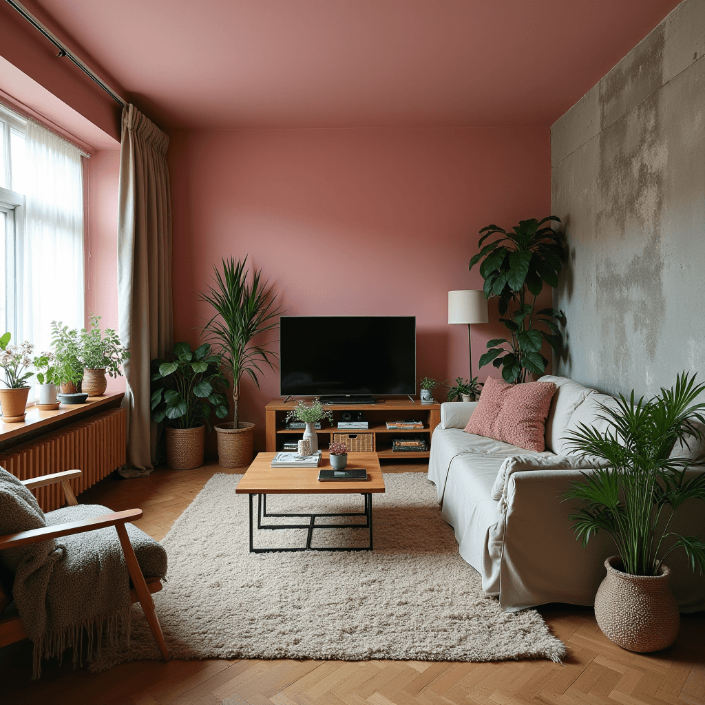 The image showcases a cozy and modern living room with a warm and inviting atmosphere. The room features a large window with sheer white curtains that allow natural light to flood the space. The walls are painted in a soft, warm pink tone, creating a cozy backdrop.

There is a comfortable light-colored sofa adorned with textured cushions, and beside it stands a tall floor lamp with a simple, neutral-colored lampshade. A wooden coffee table is placed at the center, displaying various small decorative items and a plant.

The floor is covered with a plush, light-colored rug that adds warmth to the herringbone wooden flooring. Various houseplants in terracotta and wicker pots are arranged throughout the room, adding a touch of greenery and natural elements.

A flat-screen TV sits atop a wooden media console that holds baskets and other media components. The overall design balances modern aesthetics with a touch of nature, creating a serene living space.