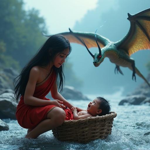 A young woman in red sari kneels in a mountain river. She weeps while placing a baby in a basket floating on the water. A flying serpent with iridescent scales looms behind them. The scene is misty and filled with emotional tension. Pixar-style 3D art with realistic details.