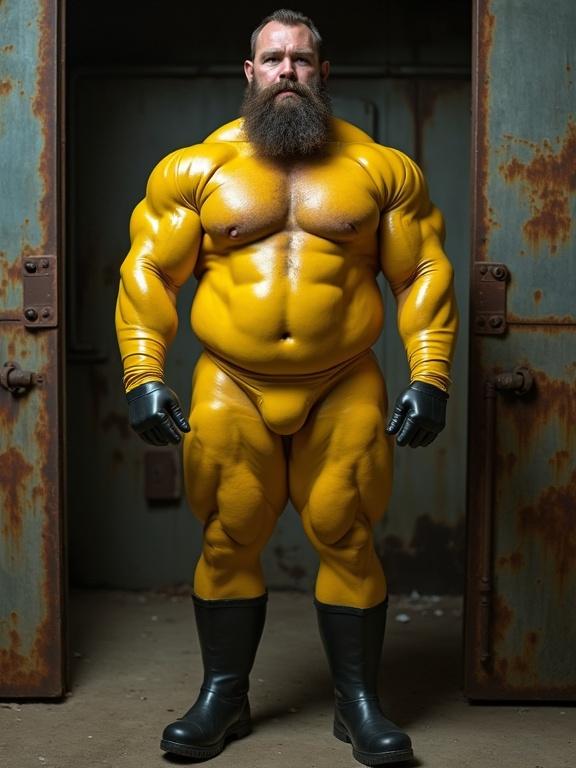 Mature bearded bodybuilder stands in a room. Enormous muscles covered by shiny yellow latex bodysuit. Black rubber boots. Room with rusted metal walls and exposed pipes. Style reminiscent of dystopian realism.