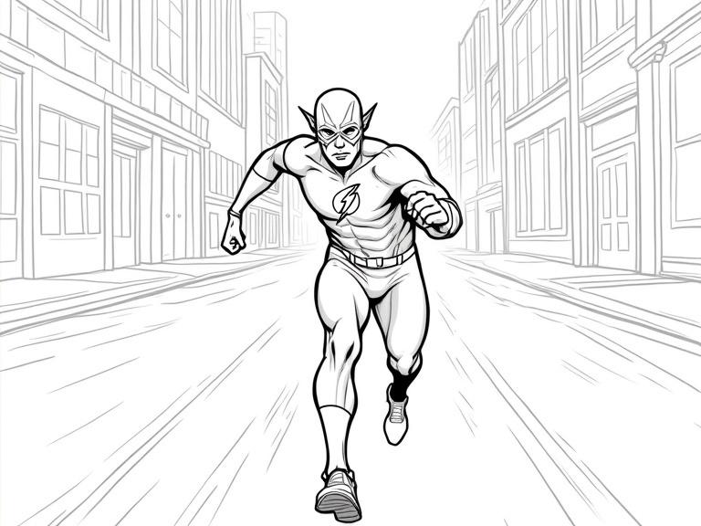Coloring page with bold black outlines. Main character is The Flash in a running pose. He wears red and yellow suit with lightning bolt emblem. Expression shows determination. Motion blur indicates speed. Background has outlined city street with buildings and street elements. Clean lines for easy coloring. Art style is simplified with no shading or excessive details.