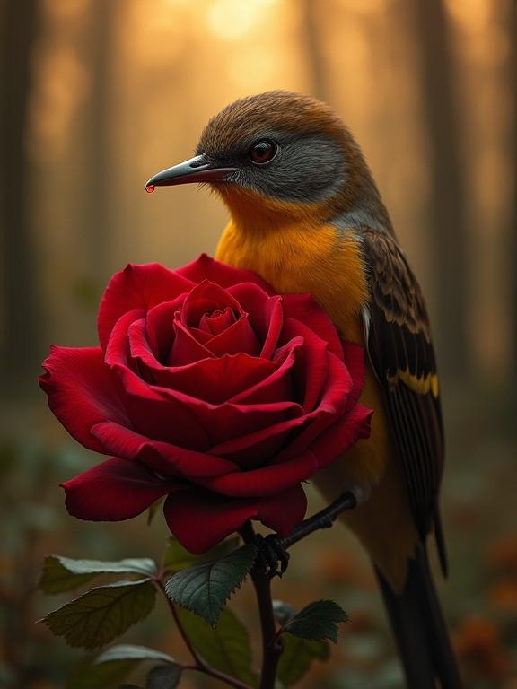 Hyper-detailed hyperrealism scene of a nightingale with warm brown plumage and golden highlights embracing a deep red velvety rose. A sharp thorn pierces the bird's heart, blood falls. Golden light with a blurred forest in the background. The bird's expression shows pain and resignation.