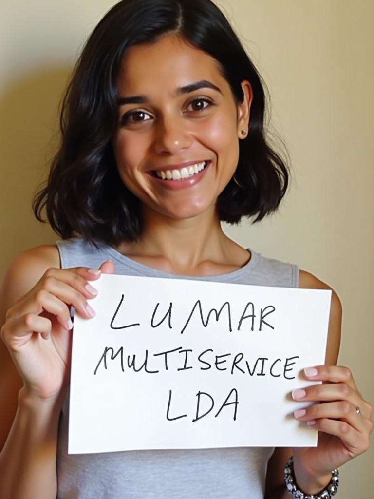 Smiling person holds a piece of paper with a handwritten name which states 'LUMAR MULTISERVICE LDA'. The person displays a joyful expression. Right arm and hand are fully visible.