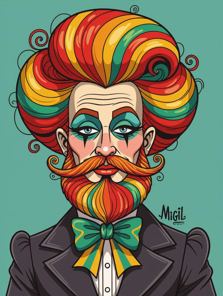 Highly stylized caricature of a person with vibrant striped hair and beard. Hair styled in large voluminous curls. Colorful palette features red, cyan, yellow, and green. Decorative bow at the neckline of the garment. Background is solid to accentuate the character. Digital artwork with thick outlines.