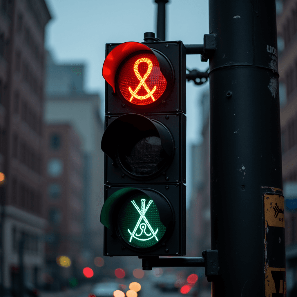 A traffic light in a city features unique artistic symbols instead of traditional signals.