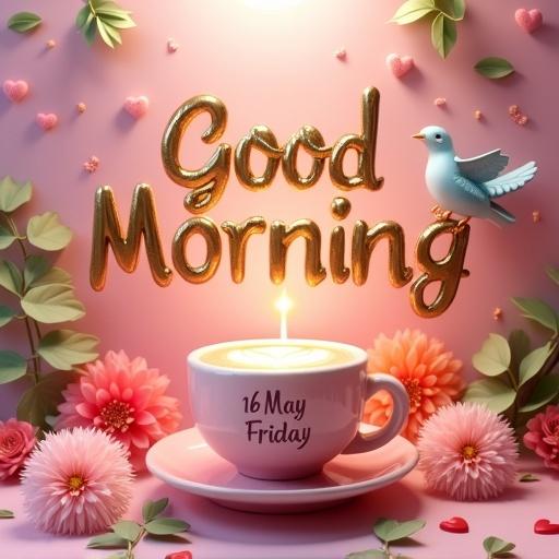 Luxurious 3D hyperrealistic image featuring Good Morning text above a floral background. A plaque displays 16 May in bold metallic fonts. Includes big fluffy tulle bows, flowers, green leaves, hearts, and a blue-orange bird. Lattee in a pink cup with glowing sun and hearts background.