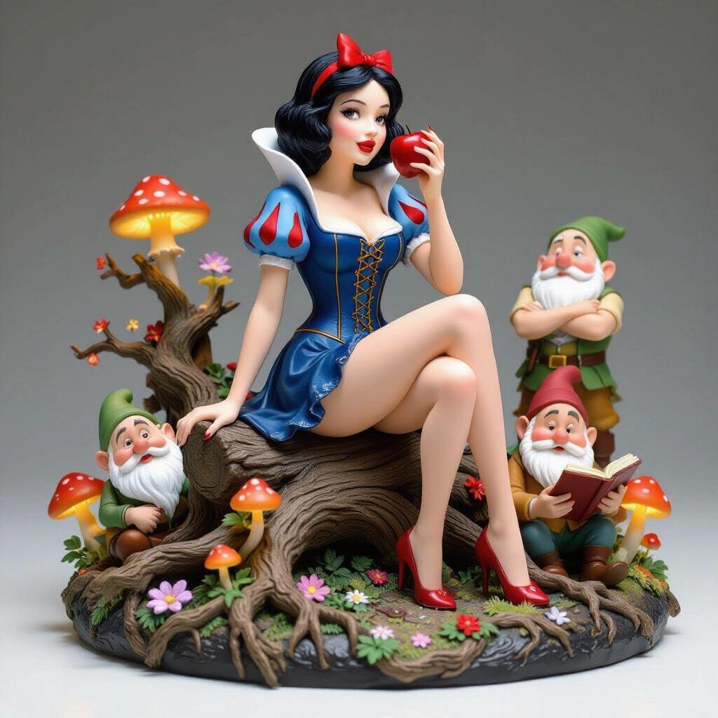 Highly detailed resin figurine representing Snow White. She sits on a log adorned with roots and flowers. One leg is crossed. The outfit is a tight corset dress and miniskirt. A red apple is near her lips. Black hair has a red bow. Three dwarfs surround her. One sleeps. Another glares. A third reads a book. Glowing mushrooms, tangled roots, and magical flowers decorate the base.
