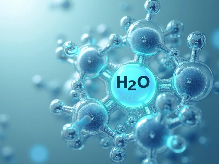 Scientific illustration of H2O structure at the center. Background features plains attaching to H2O. A highlighted derivative shows air-processable n-type semiconductors. Enhanced self-assembly, high electrical conductivity, and thermoelectric performance represented. Clean, modern design with blue and green colors in a light background.