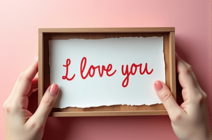 A person holds a wooden frame containing a note that says 'I love you' in red handwriting.