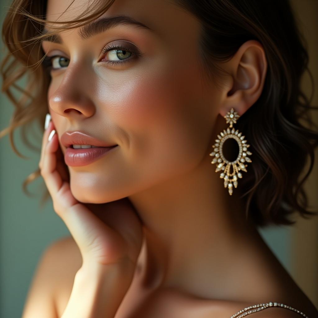 Photo of a model with elegant earrings on her ear. The model has a soft smile and her hand rests on her face. The background is softly blurred.