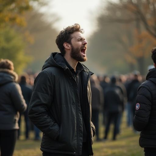 A man is yelling in a park. A crowd looks away in fear. The scene captures an outdoor gathering with trees and people in the background.