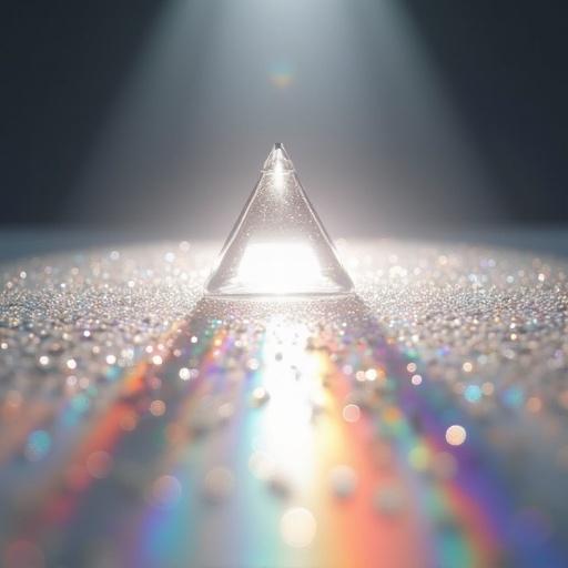 A white lighting ray passes through a tiny prism on a white table. It splits into a vibrant spectrum of colors. Light intensity creates a surreal ambiance. Reflections dance across the surface. The view is directly above.