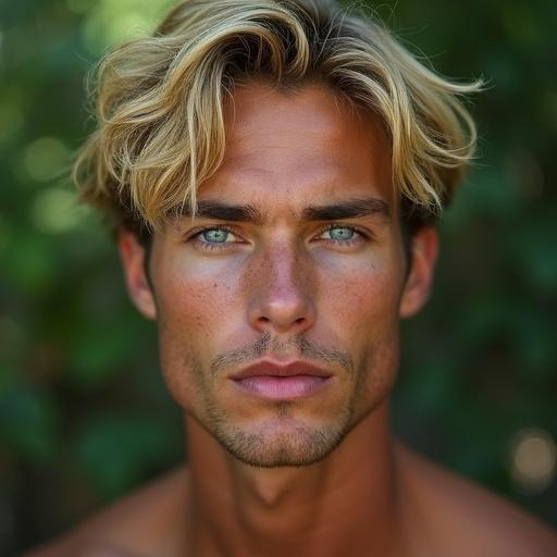 Professional medium close up image of a handsome young jungle survivor. He has blonde tousled hair and bright blue eyes. Background features blurred foliage. Soft diffused lighting enhances his relaxed expression. Defined features and muscular build showcase natural strength.