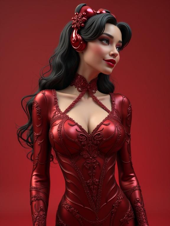 3D rendered woman in red latex suit. V-shaped design. Joyful expression. Burgundy tones. Elegant details.