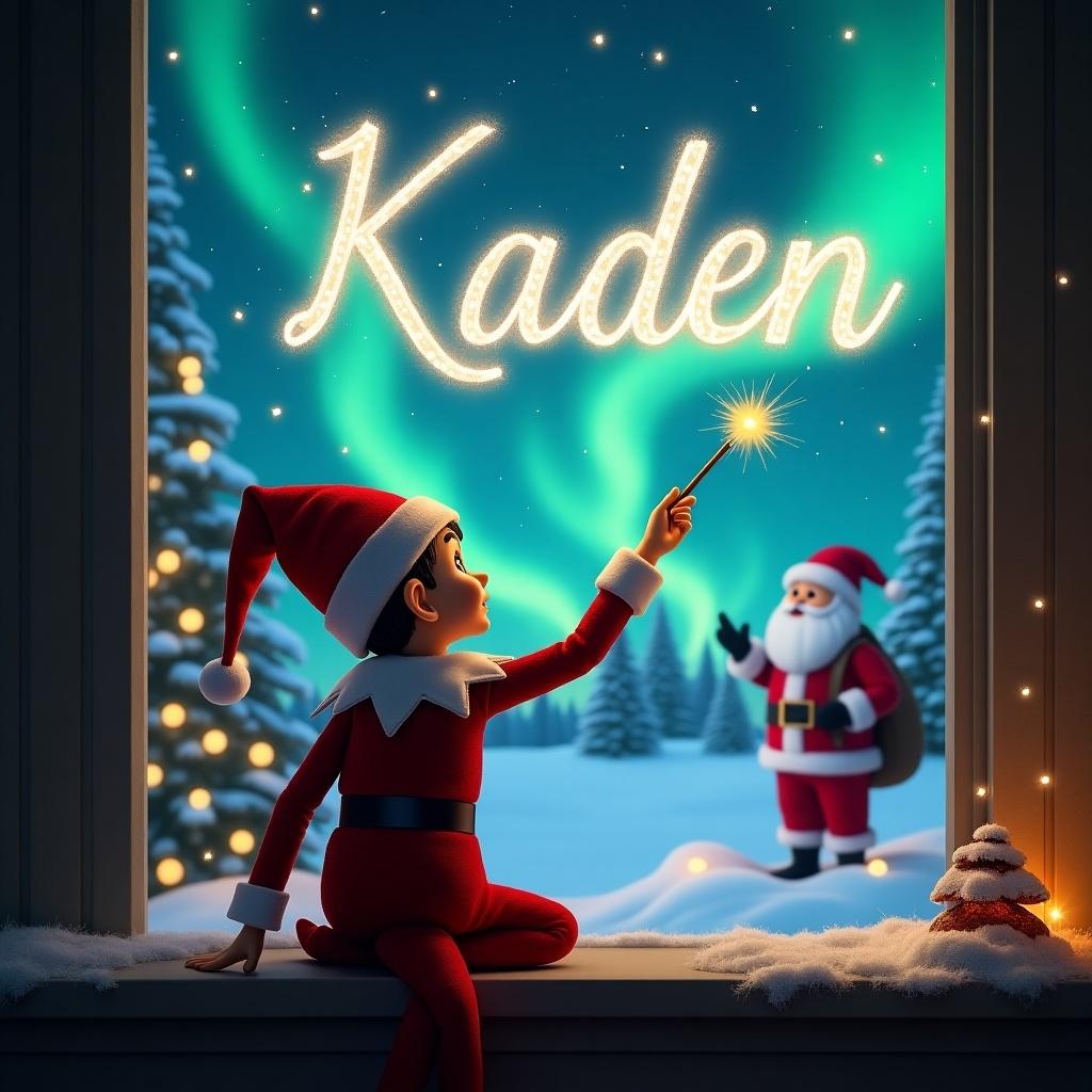 Elf character looking out a window using a wand to write 'Kaden' in the sky. Magical snowy landscape with Santa in the background and northern lights. Warm festive atmosphere.