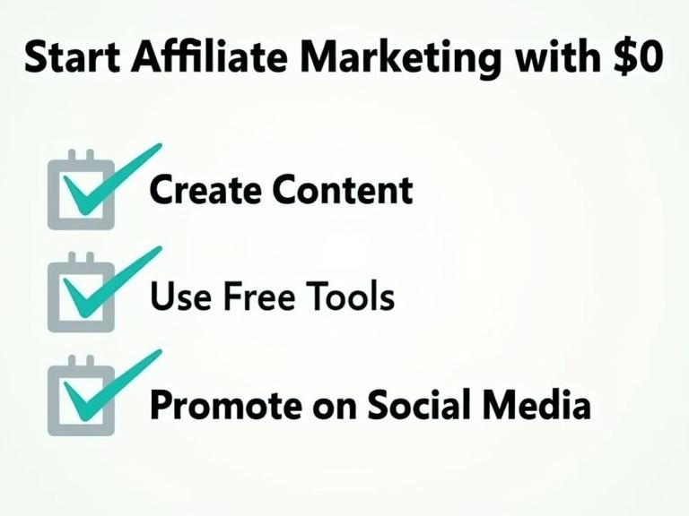 A checklist graphic shows steps for starting affiliate marketing without investment. The title is Start Affiliate Marketing with $0. Three steps include Create Content, Use Free Tools, and Promote on Social Media.