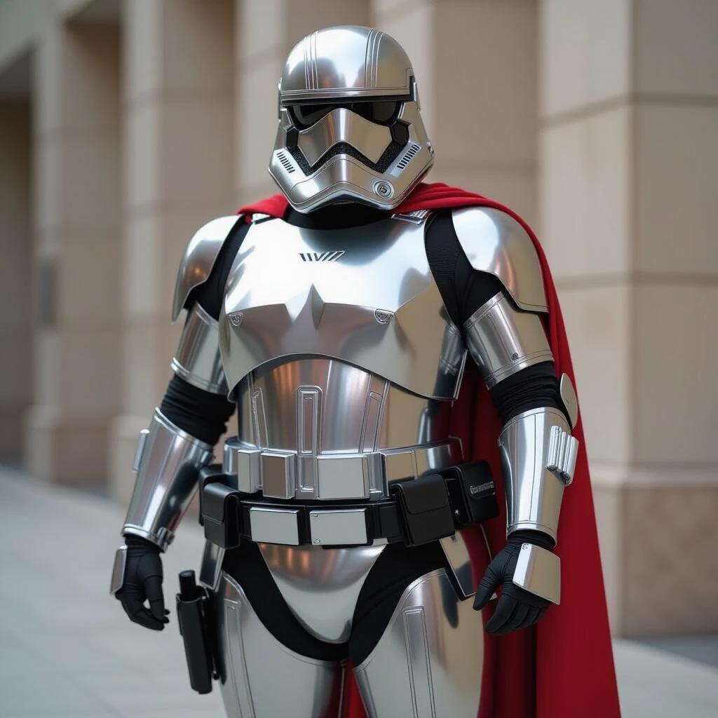 A character in silver armor with a red cape stands stoically. Armor consists of metal pads strapped to body. Character appears tall and chubby. Focus on the shiny armor and pose.