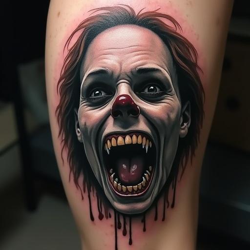 Tattoo design of a two-faced character throwing a coin in a creepy style.