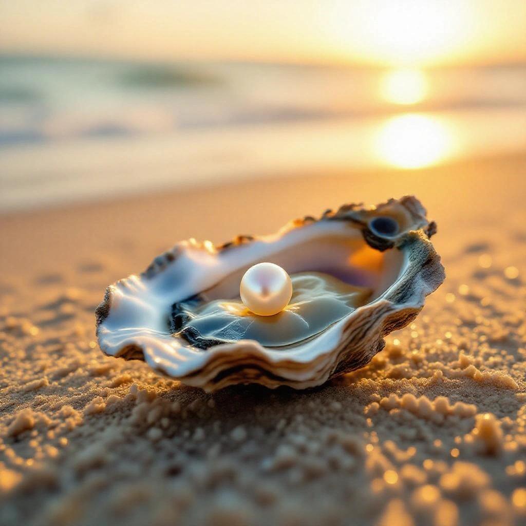 Close-up view of open oyster with pearl inside on sandy beach during sunset. Soft sunlight casts glow on the scene.