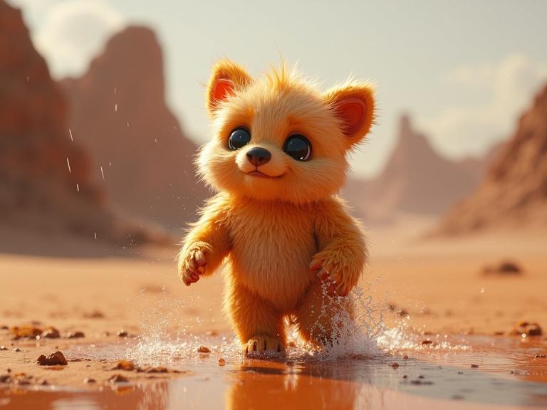 Fluffy chrome animals walking in a desert landscape. One animal is wet and shaking itself off. The environment is dramatic and hyper-detailed. It has a cute and epic aesthetic.