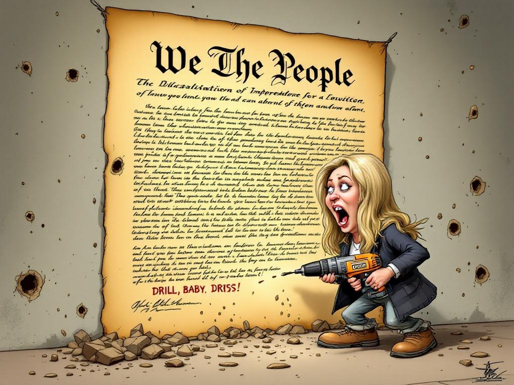 Cartoon image of a wall resembling the Declaration of Independence. Title 'We The People' at the top. In front is a character resembling Pamela Bondy with long blond hair, oversized head, casual clothes holding a large power drill. The character shows a confident grin while enthusiastically drilling into the wall. Dark holes surround the wall, symbolizing damage to the historical document. The character shouts 'DRILL, BABY, DRILL!'