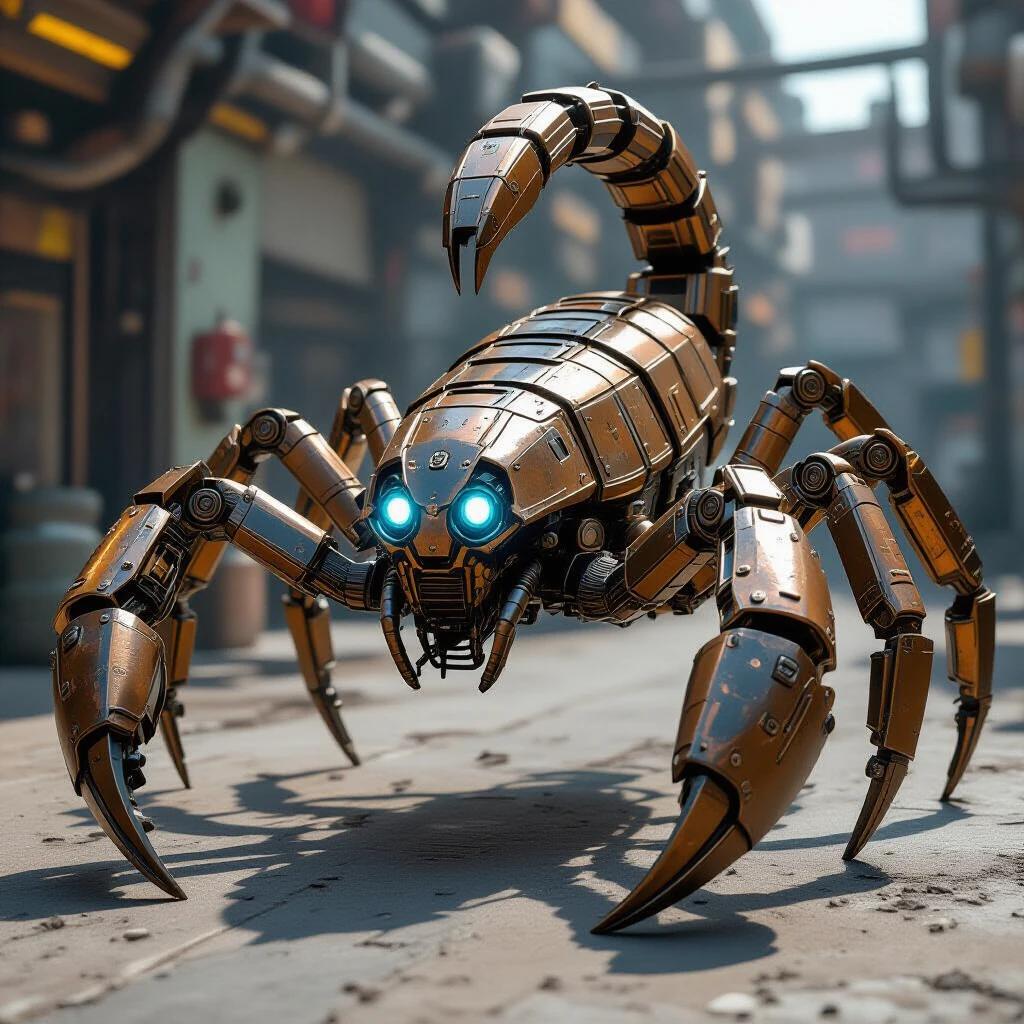 Large mechanical scorpion shown in detailed 3D style. Blending dieselpunk and steampunk with modern industrial design. Features six classic rear legs and two antennae. Armored with bronze and steel plating. Intimidating face resembling Jaeger helmets. Glowing blue eyes. Set on arid desert terrain.