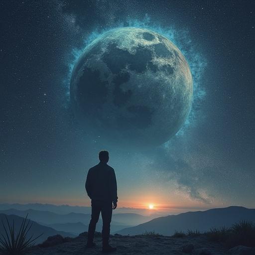 A man gazes at a glowing moon while standing on a mountain. The surroundings are dark with a hint of dawn.