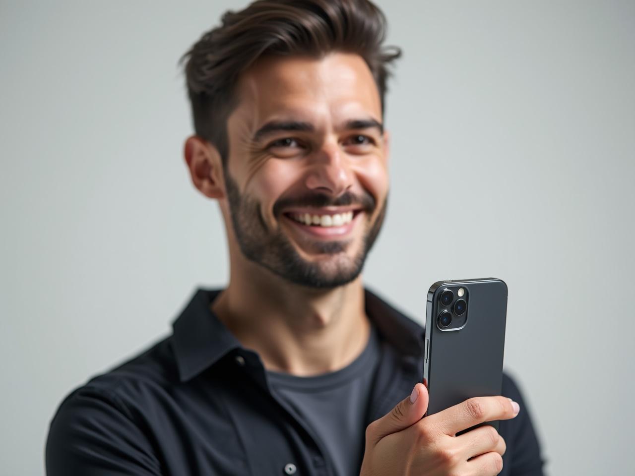 A male model is holding an iPhone in a professional and stylish manner. The model's attire is modern and sleek, showcasing a fashion-forward aesthetic. The backdrop is minimalistic, emphasizing the product being promoted. The focus is on the iPhone, highlighting its features and design. The model is smiling, conveying confidence and satisfaction with the product. The lighting is bright and flattering, enhancing the overall appeal of the advertisement.