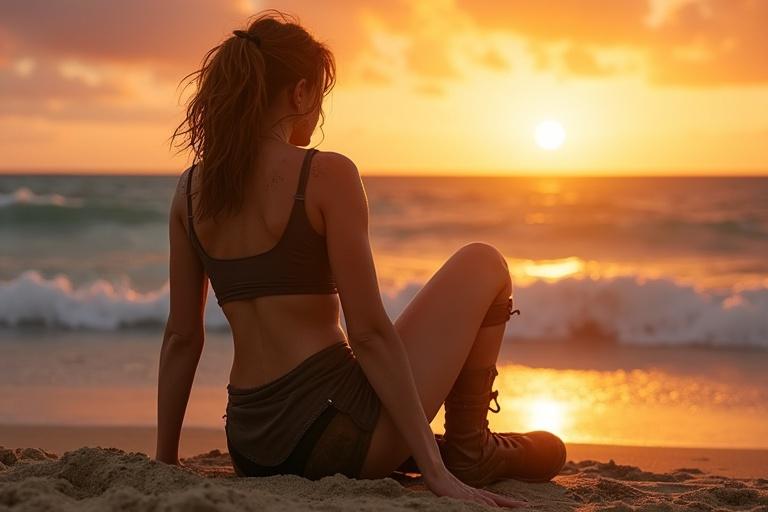 A woman sits on the sand at sunset. The sky glows with orange and purple hues. Ocean waves gently roll in. Her back is towards the viewer. She has damp hair and is wearing a dark crop top and tactical shorts. A silhouette of a ship is visible in the distance. She gazes at it with hope.
