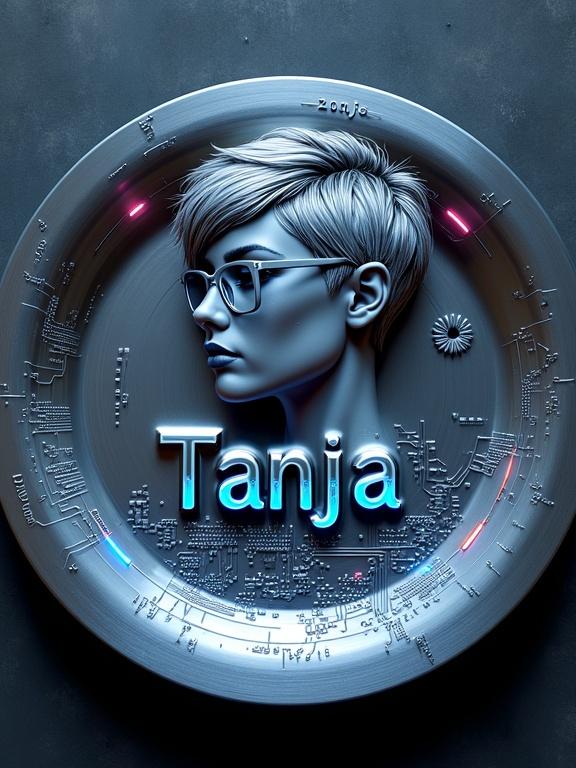3D relief engraving made of brushed stainless steel shows a nameplate featuring Tanja in cyberpunk typography. Woman's portrait includes small rectangle glasses and tousled blonde hair. Circuit board patterns and neon motifs around the rim enhance the design with ambient lighting. Background has a dark, industrial texture.