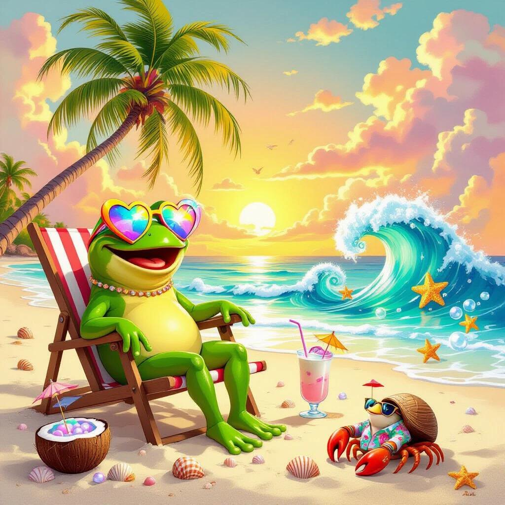 Lime-green frog relaxing on a beach chair with heart-shaped sunglasses. Surreal seascape in glasses. Golden sands with seashells. Swaying palm tree dropping coconuts and tiny umbrellas. Frosty coconut drink nearby. Hermit crab with Hawaiian shirt offering seashell radio. Bioluminescent waves with giggling starfish. Sky with tangerine and cotton-candy hues. Lollipop clouds and a smiling sun. Rubber duck sailboat with dolphins. Tiny UFO beaming rainbow sherbet. Dragonflies leaving stardust.