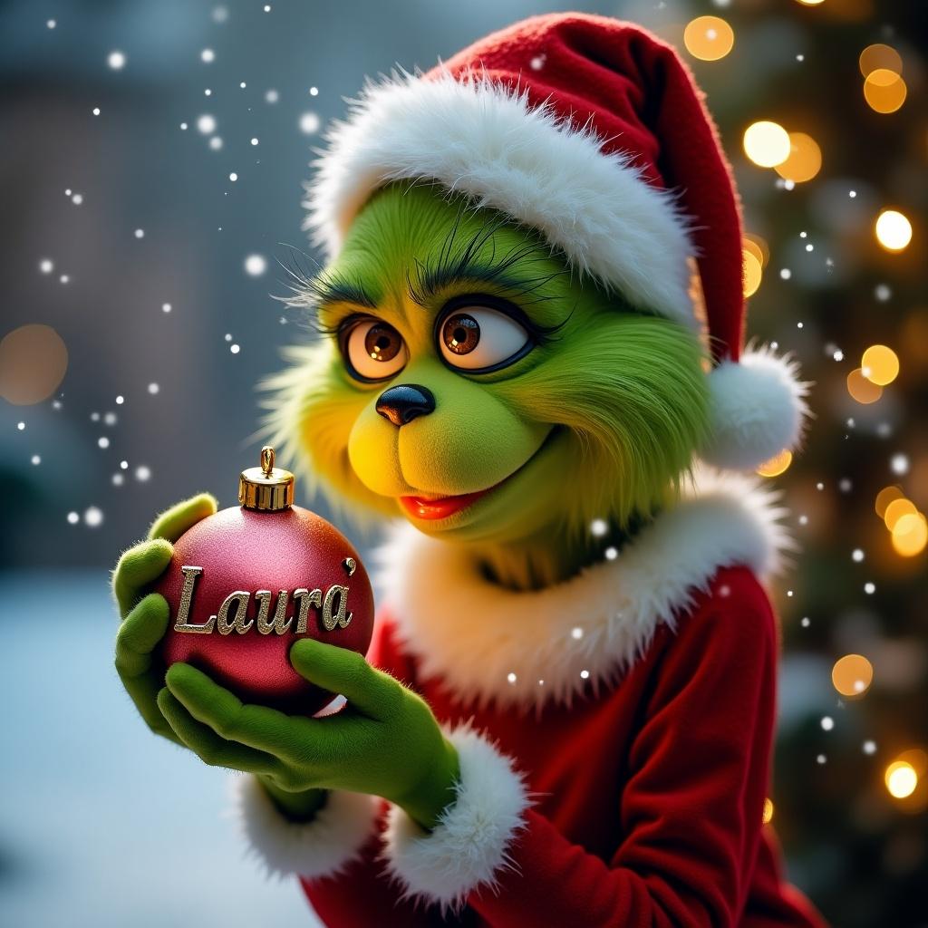 Grinch character in Christmas outfit holds a shiny bauble. Background has snow and holiday lights. Ornament displays the name Laura.