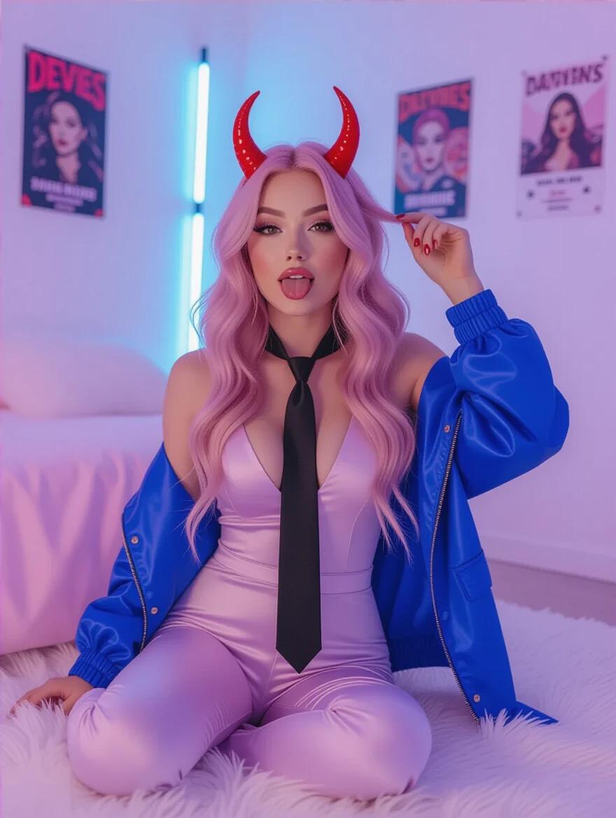 Photo features a woman with pale skin and pink hair. She wears a shiny jumpsuit and a black tie. A blue jacket is on her shoulders. Red devil horns sit on her head. The setting is bright with purple and blue hues. A white fluffy rug is underneath her. Posters hang on the wall. A soft pink bed is visible. She has a playful expression and sticks her tongue out. Her hair is styled in loose waves. Brown eyes shine with subtle pink eyeshadow. The atmosphere is colorful and modern.